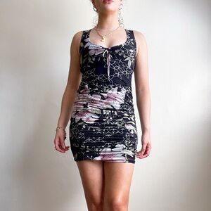 Guess Odette Dark Chain Floral Ruched Floral Print Mini Dress Birthday Dress